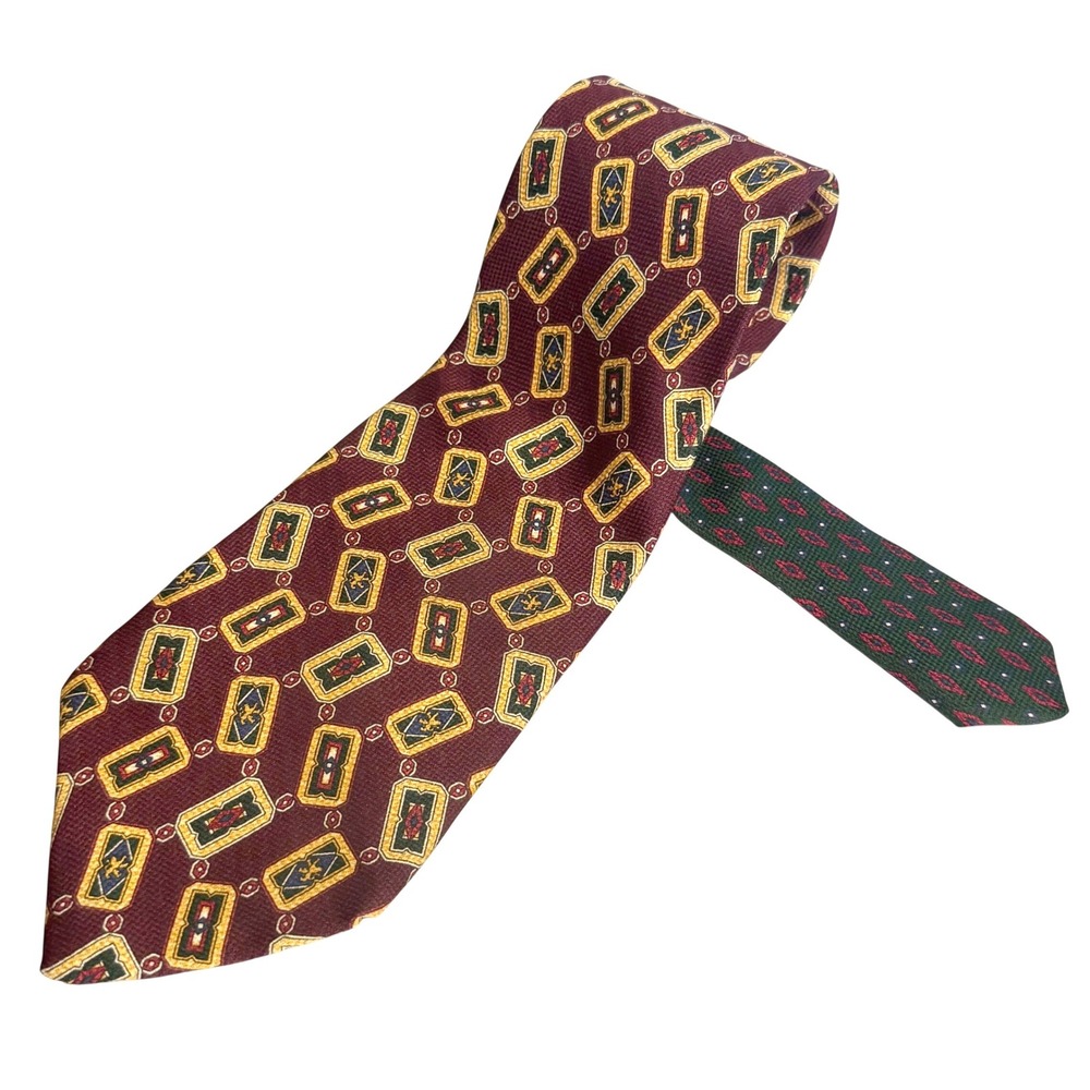 Tommy Hilfiger Vintage 1990s Burgundy Gold Geometric 100% Silk Tie Made in USA